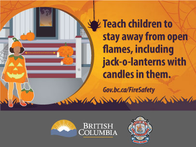 Image of a girl dressed up for Halloween with the words "teach children to stay away from open flames, including jack-o-lanterns with candles in them"