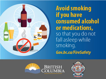 Image reads "avoid smoking if you have consumed alcohol or medications, so that you do not fall asleep while smoking". An image depicts a bottle and glass of beer, a bottle and glasses of wine and a prescription pill bottle. There is a cigarette in an ashtray with an X through it.