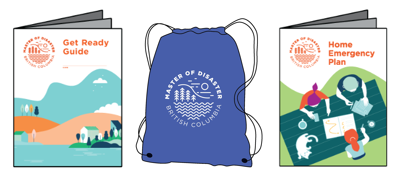 The student kit includes a get ready guide, home emergency plan, and drawstring bag