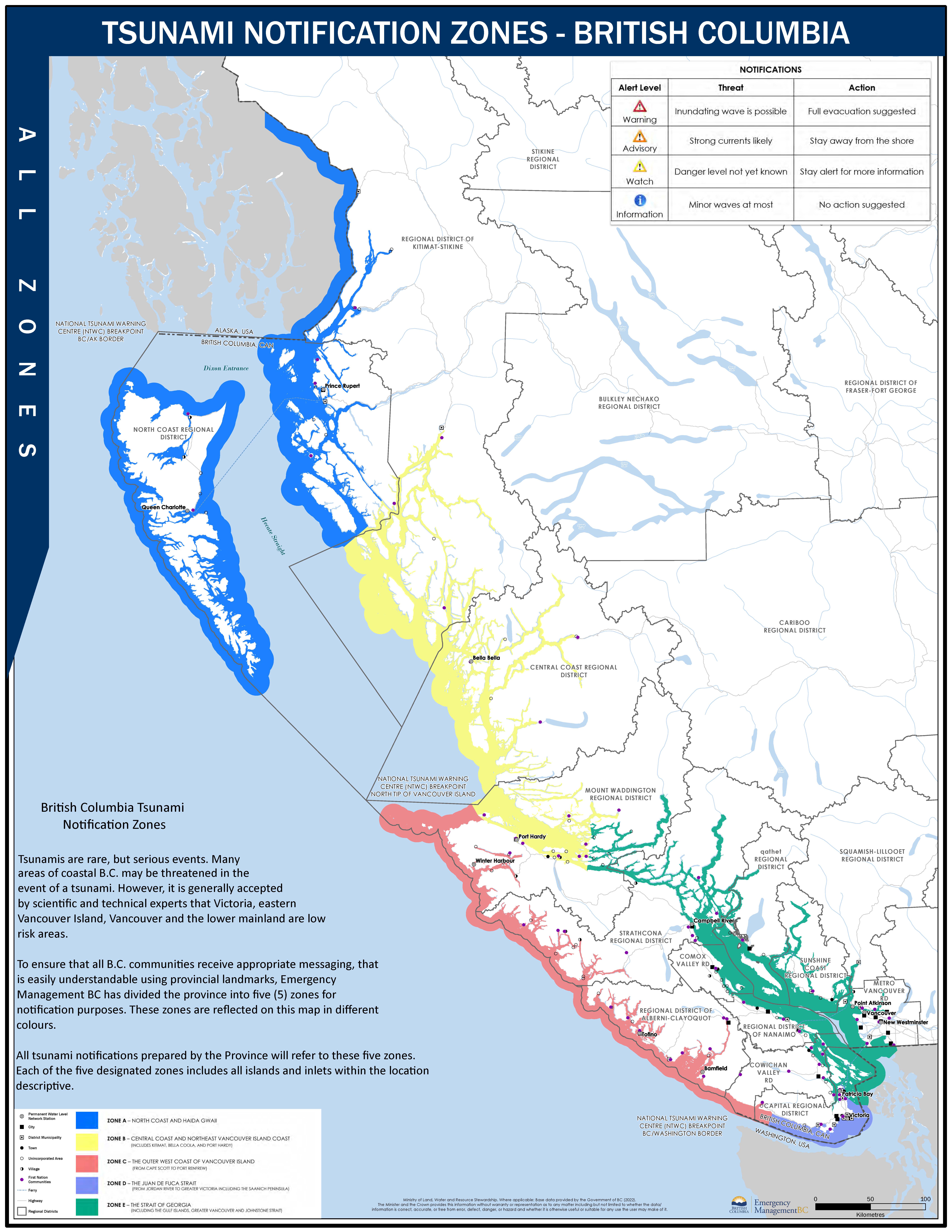 graphic depicting the 5 tsunami notification zones of B.C.