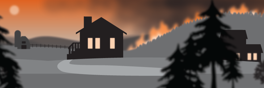graphic depicting landscape and houses during a wildfire