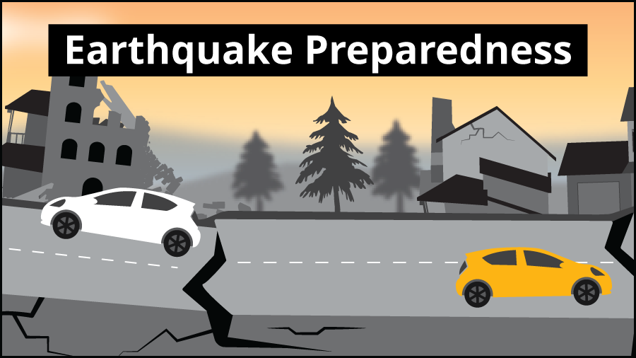 social media graphic depicting earthquake hazards with the words Earthquake Preparedness in white text on a black box.