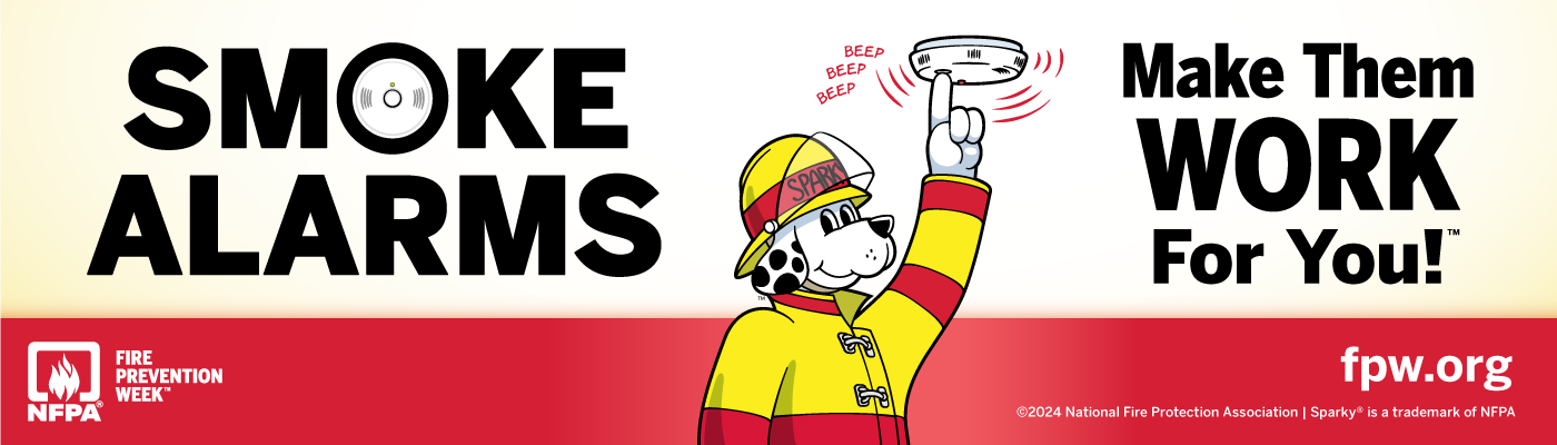 Image of Sparky the dog reminding everyone to check that their smoke alarms work.