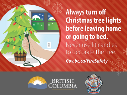 Image of a Christmas tree and a hand holding an unplugged string of Christmas tree lights. Always turn off Christmas tree lights before leaving home or going to bed. Never use lit candles to decorate the tree.