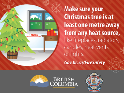 Image of a Christmas tree beside a table with candles on it and an arrow indicating a one metre space between them. Image text reads make sure your Christmas tree is at least one metre away from any heat source, like fireplace, radiators, candles heat vents or lights.