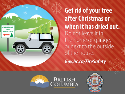 Image of a truck with a Chrsitmas tree strapped to the roof, driving towards a sign that reads Christmas Tree Recycling. Text on the image reads get rid of your Christmas tree after Christmas or when it has dried out. Do not leave it in the home or garage, or next to the outside of the house.