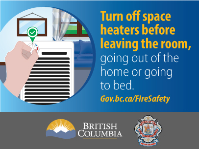 Image of a person turning off a space heater with a green check mark indicating this is the correct action to take before leaving a room , going out of the home or going to bed.