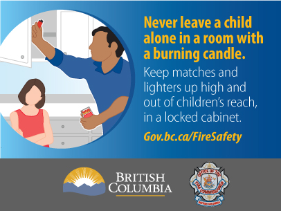 Image of a man putting matches in a cupboard so his child, also pictured, cannot reach them.