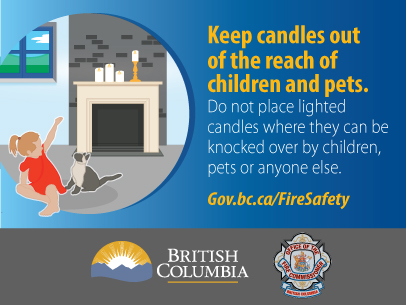 Image of a child playing with a cat in a living room by a fireplace. There are candles on the fireplace, and they are kept out of the child's reach to prevent burns and fire.