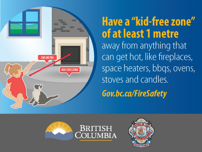 Illustration of a child and cat safely playing by a fireplace with text that reads "have a kid-free zone" of at least 1 metre away from anything that can get hot, like fireplaces, space heaters, bbqs, ovens, stoves and candles."