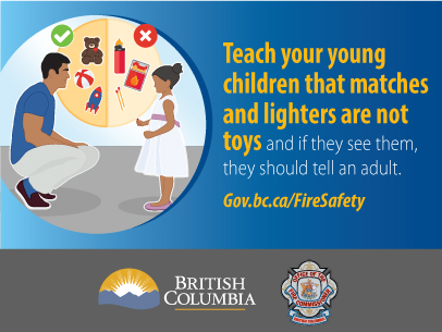 Illustration of a man speaking to a child with text that reads "teach your young children that matches and lighters are not toys and if they see them, they should tell and adult."