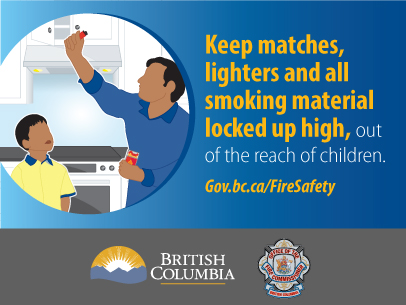 Illustration of a man putting matches and a lighter away up in a high cupboard while a child looks on, with test that reads "keep matches, lighters and all smoking material locked up high, out of the reach of children"