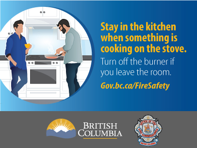 Image of two men in the kitchen cooking in a pan over the stove. Text reads "Stay in the kitchen when something is cooking on the stove. Turn off the burner if you leave the room."