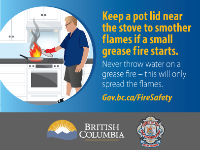 Image of a man in the kitchen. The food he was cooking has caught on fire and he is using a lid to smother the flames. Text reads "Keep a pot lid near the stove to smother flames if a small grease fire starts. Never throw water on a grease fire - this will only spread the flames."