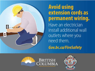 Image of an electrician in a hardhat working on an electrical outlet with text that reads "Avoid using extensions cords as permanent wiring. Have an electrician install additional wall outlets where you need them."