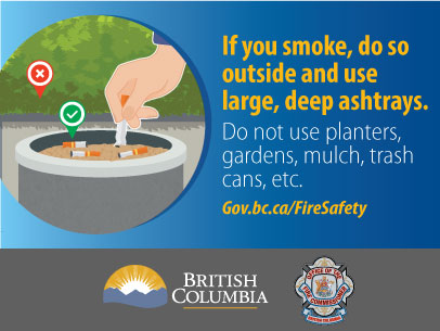 Image of someone putting out a cigarette in an ashtray. A green check mark indicates that this is the correct thing to do. A red check mark pointing to a shrub indicates that this is not where you should dispose of cigarettes.