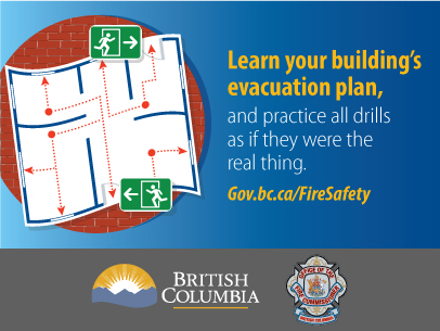 Graphic of a map showing escape routes and exits. Caption reads "Learn your building's evacuation plan, and practice all drills as if they were the real thing."