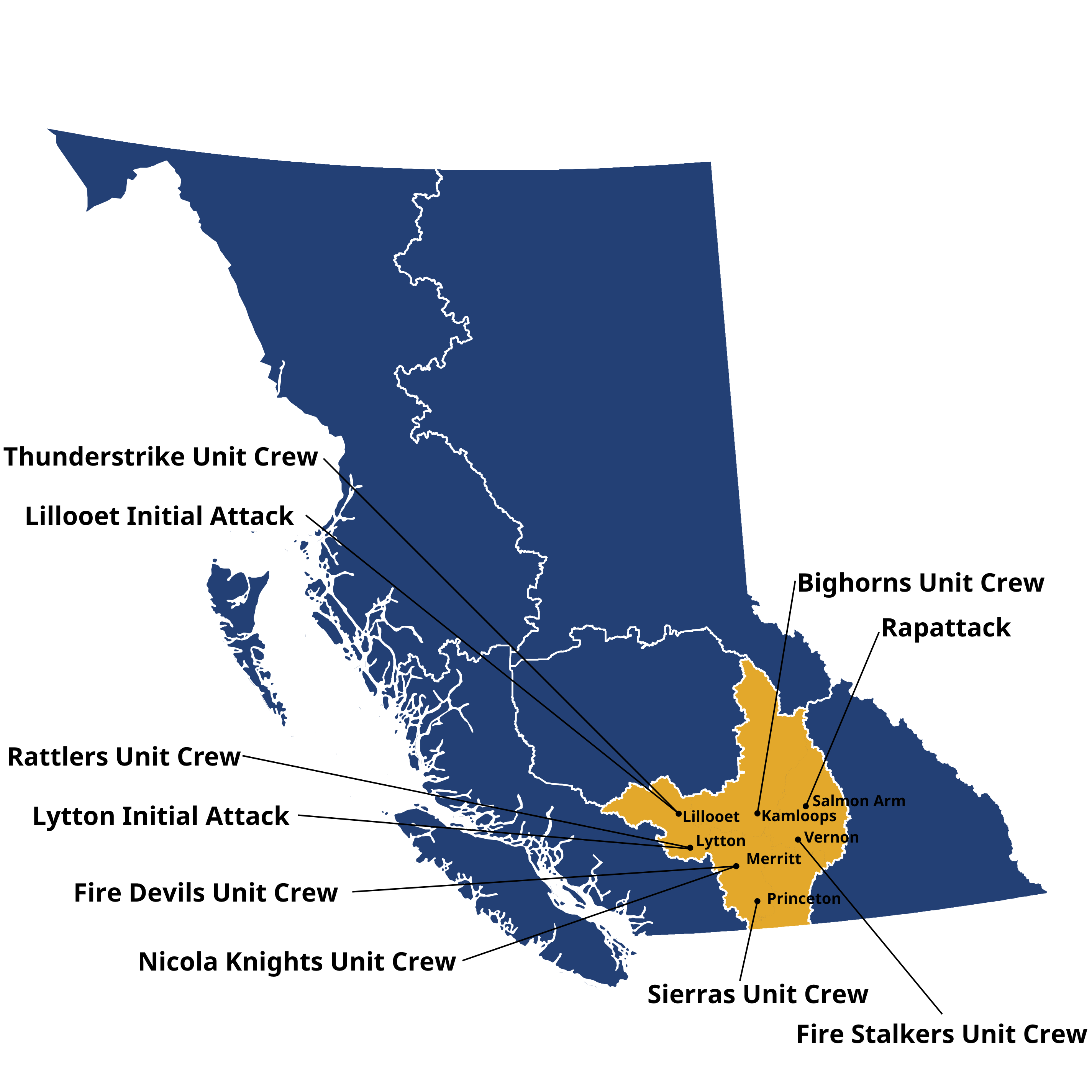 map of Kamloops Fire Centre crews