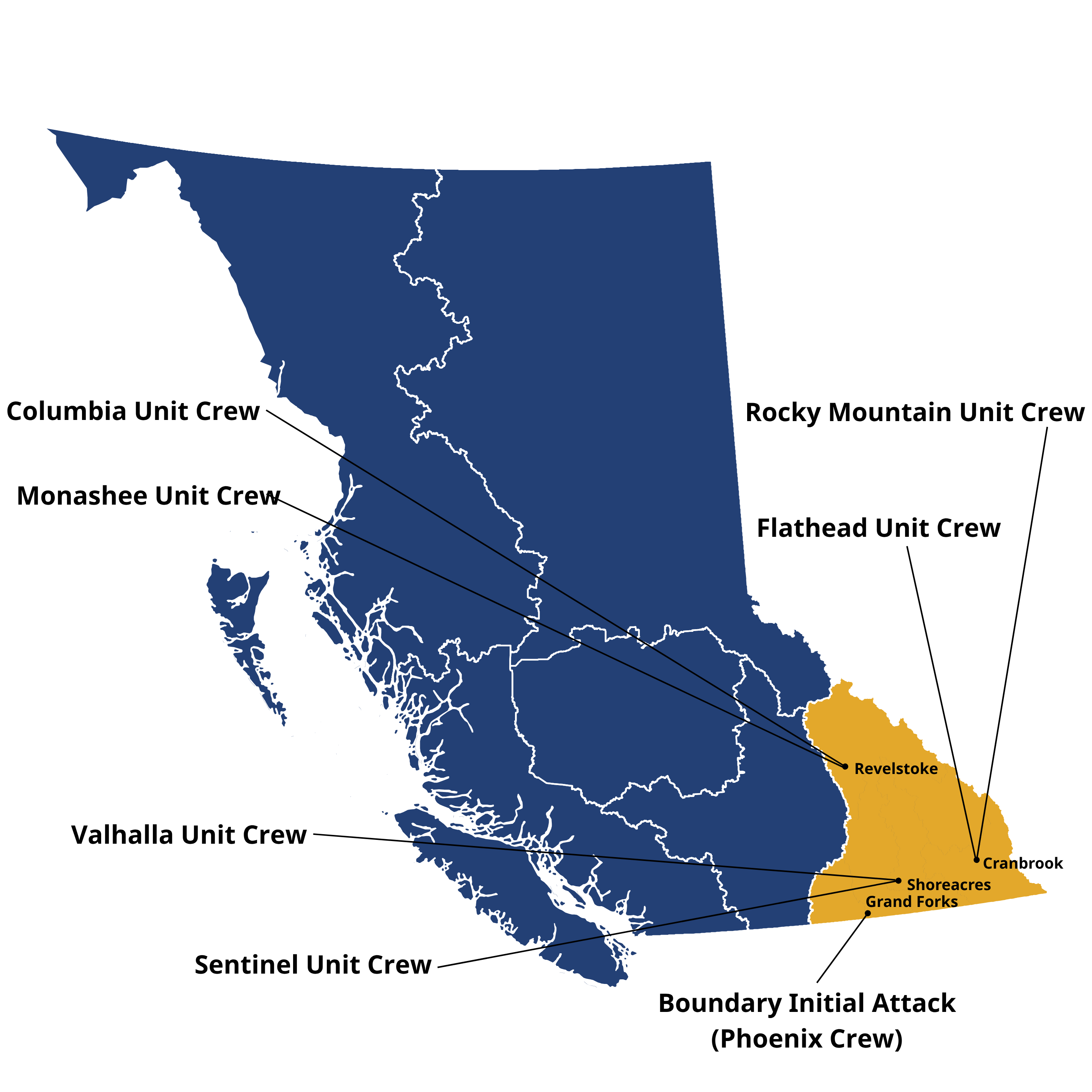 map of Southeast Fire Centre crews