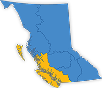 Map of B.C. with the Coastal Fire Centre highlighted.