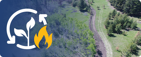 wildfire land based recovery icon, overlayed on an aerial photo of a fire guard on a natural landscape