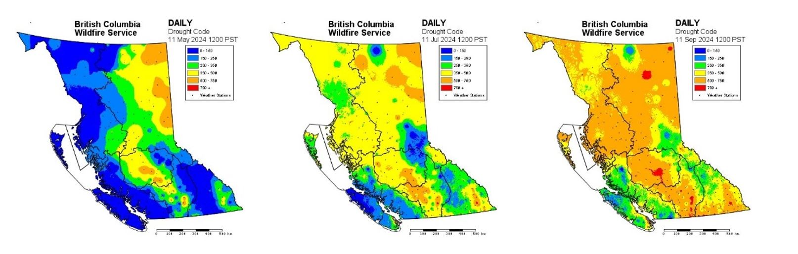 BCWS Daily Drought Code maps for May, July, September 2024