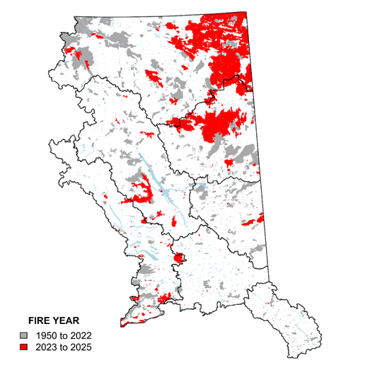 A map of the Prince George Fire Centre indicates the area burned between 1950 and 2022 in grey with the area burned between 2023 and 2025 in red