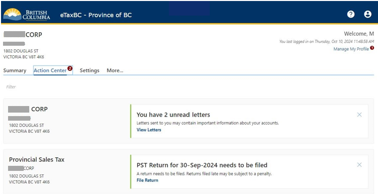 eTaxBC action centre page