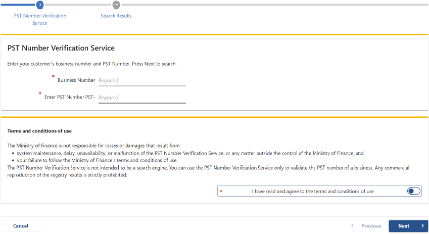 PST verification screen on eTaxBC