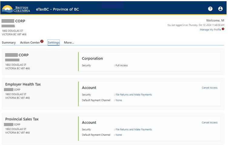 eTaxBC settings page