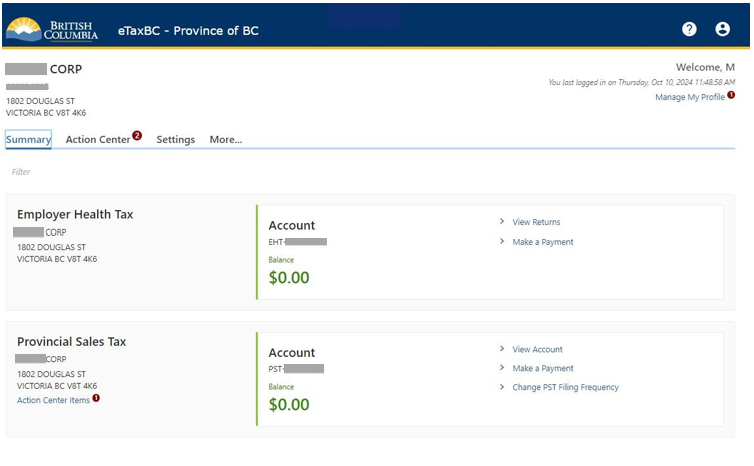 eTaxBC summary page