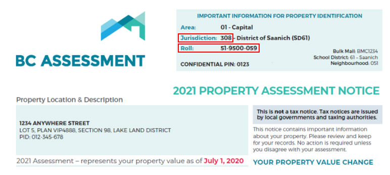 BC Assessment notice highlighting jurisdiction and roll number. 