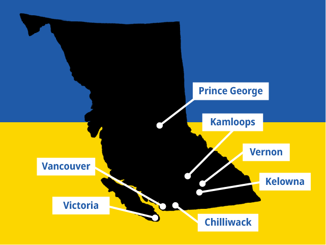 Map of B.C. showing large Ukrainian-Canadian communities