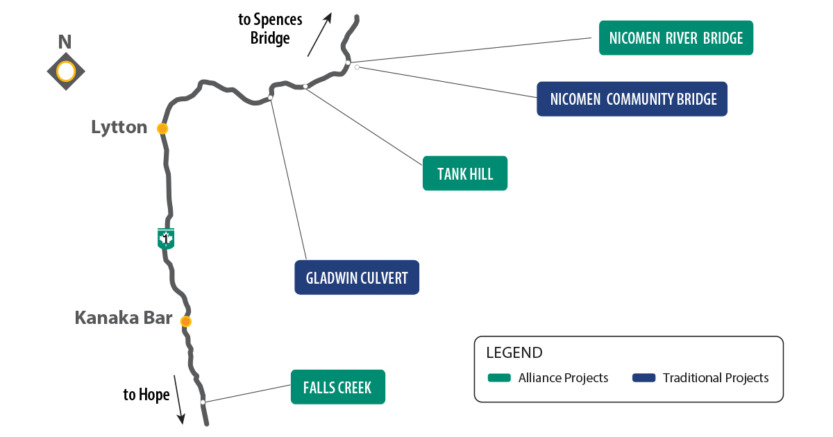 Map of Fraser Canyon Projects (Alliance projects at Nicomen Highway Bridge, Tank Hill Falls Creek) (Traditional Projects at Nicomen Community Bridge, Thom's Crek and Gladwin Culver)