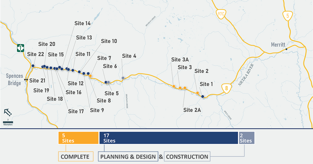 Highway 8 Flood Recovery Site Map - 5 sites complete, 17 sites in Planning and Design and 2 sites in construction