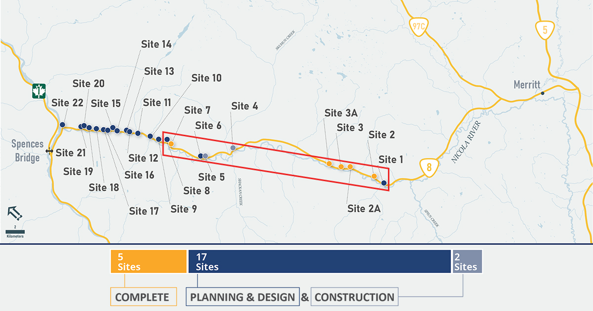 BC Highway 8 map showing sites 1-8