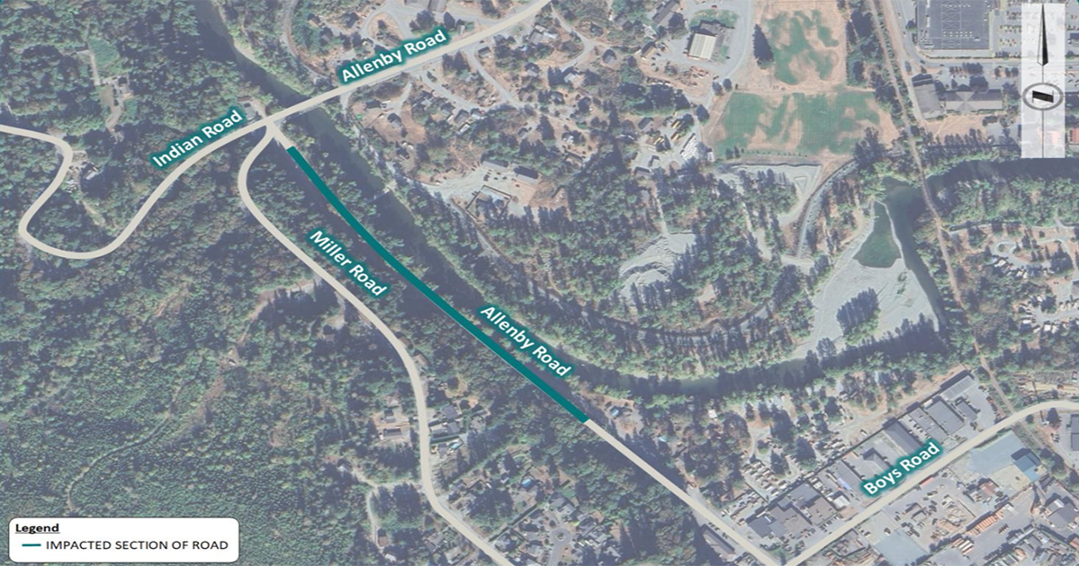 Map of Allenby Road showing impacted section located between Indian Road and Boys Road