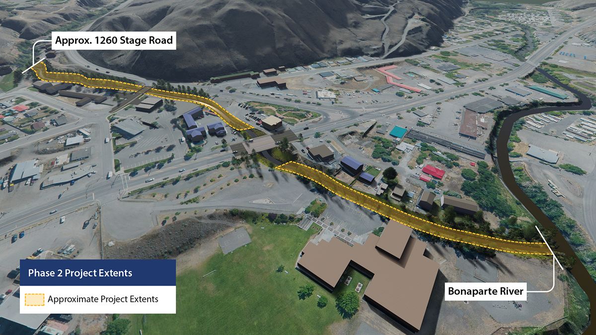 Rendering of Phase 2 Reconstruction work showing extents from Approximately 1260 Stage Road to Bonapart River Rendering of Phase 2 Reconstruction work showing extents from Approximately 1260 Stage Road to Bonapart River