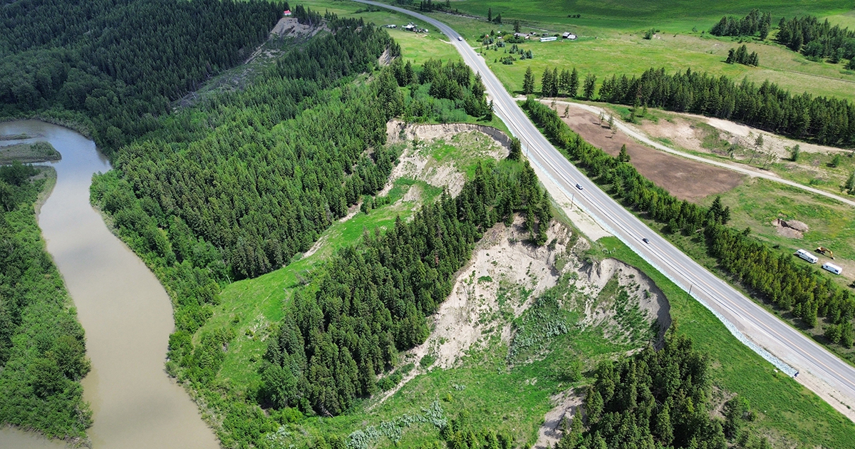 Aerial image of completed project works along Highway 97 and above the Fraser River at Cuisson Creek. 