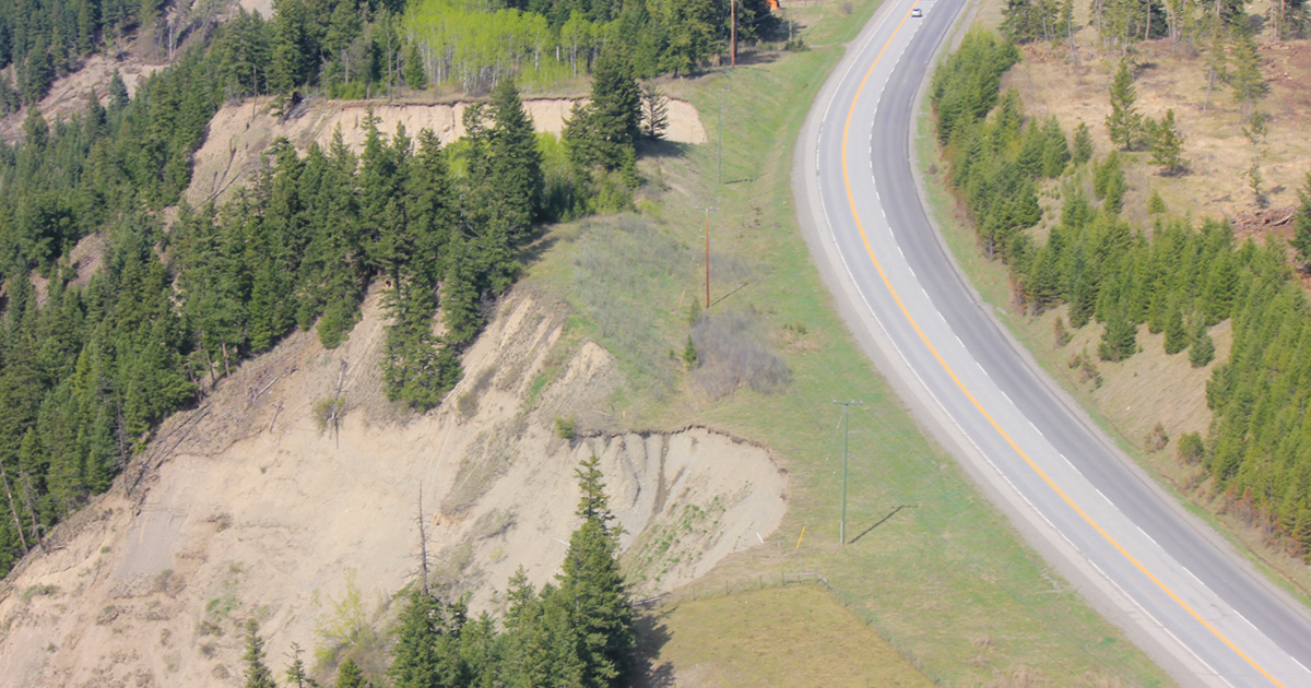 Aerial photo of slide damage along Highway 97 at Cuisson Creek – May 2021 