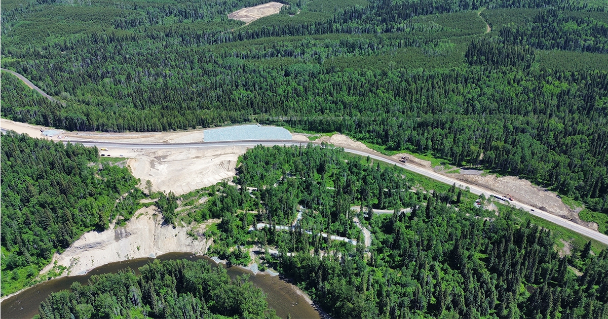 Aerial image of construction works along Highway 97 at Cottonwood Hill.