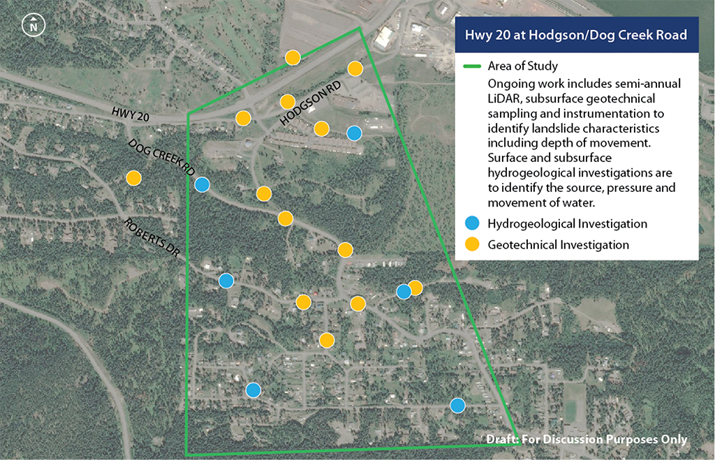 Highway 20 at Hodgson Dog/Creek Road Map Map Presents the area being studied with and indicates hydrological and geotechnical investigation sites