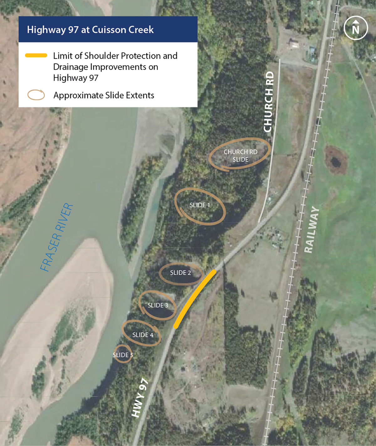 Highway 97 at Cuisson Creek Map Presents 4 options for moving the road for discussion, location of the railway and the area of the landslide