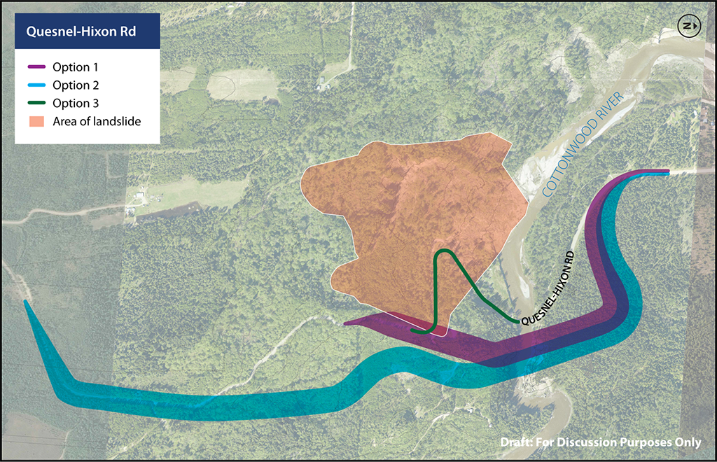 Quesnel-Hixon Road Map Presents 3 options for moving the road for discussion and the area of the landslide