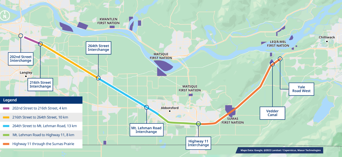 Map Fraser Valley Highway 1 Corridor Improvement Program Phases 1 to 4