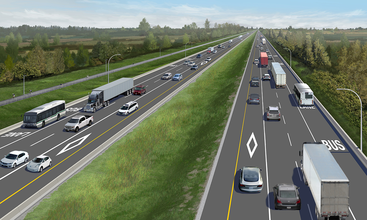 An artist’s rendering of the future Highway 1 – East of 264th Street. Rendering is conceptual and subject to change. 