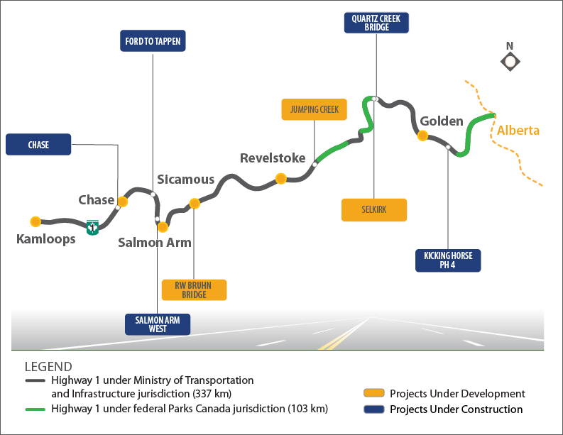Map of current Highway 1 Kamloops to Alberta Four Laning Projects