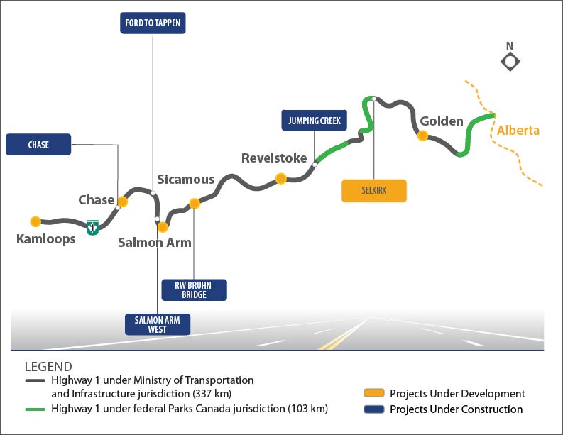 Map of current Highway 1 Kamloops to Alberta Four Laning Projects