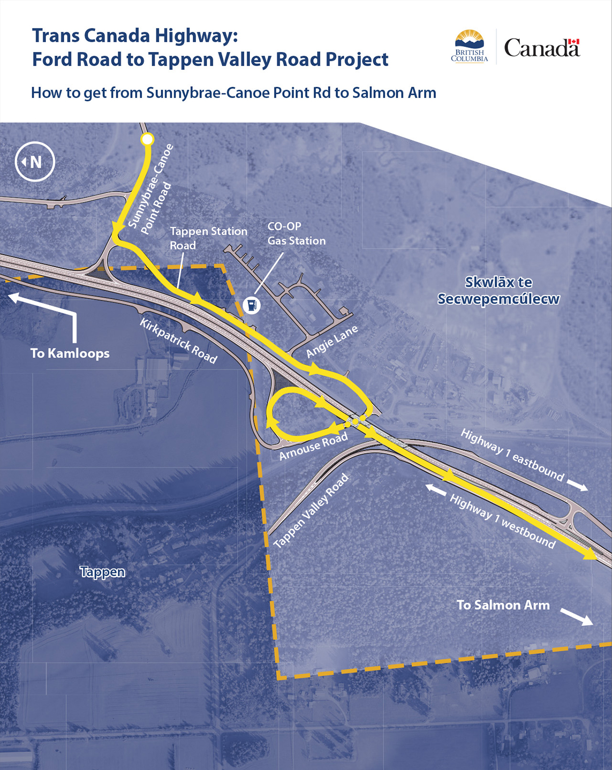 Click to view printable map. From Sunnybrae-Canoe Point Road turn left onto Tappen Station Road, and continue past the Tappen Co-op. Then turn right onto Arnouse Road and continue underneath the Tappen Overhead Bridge to access the right-hand entrance ramp. Accelerate on the ramp and merge onto Trans-Canada Highway 1 Eastbound lane when safe.