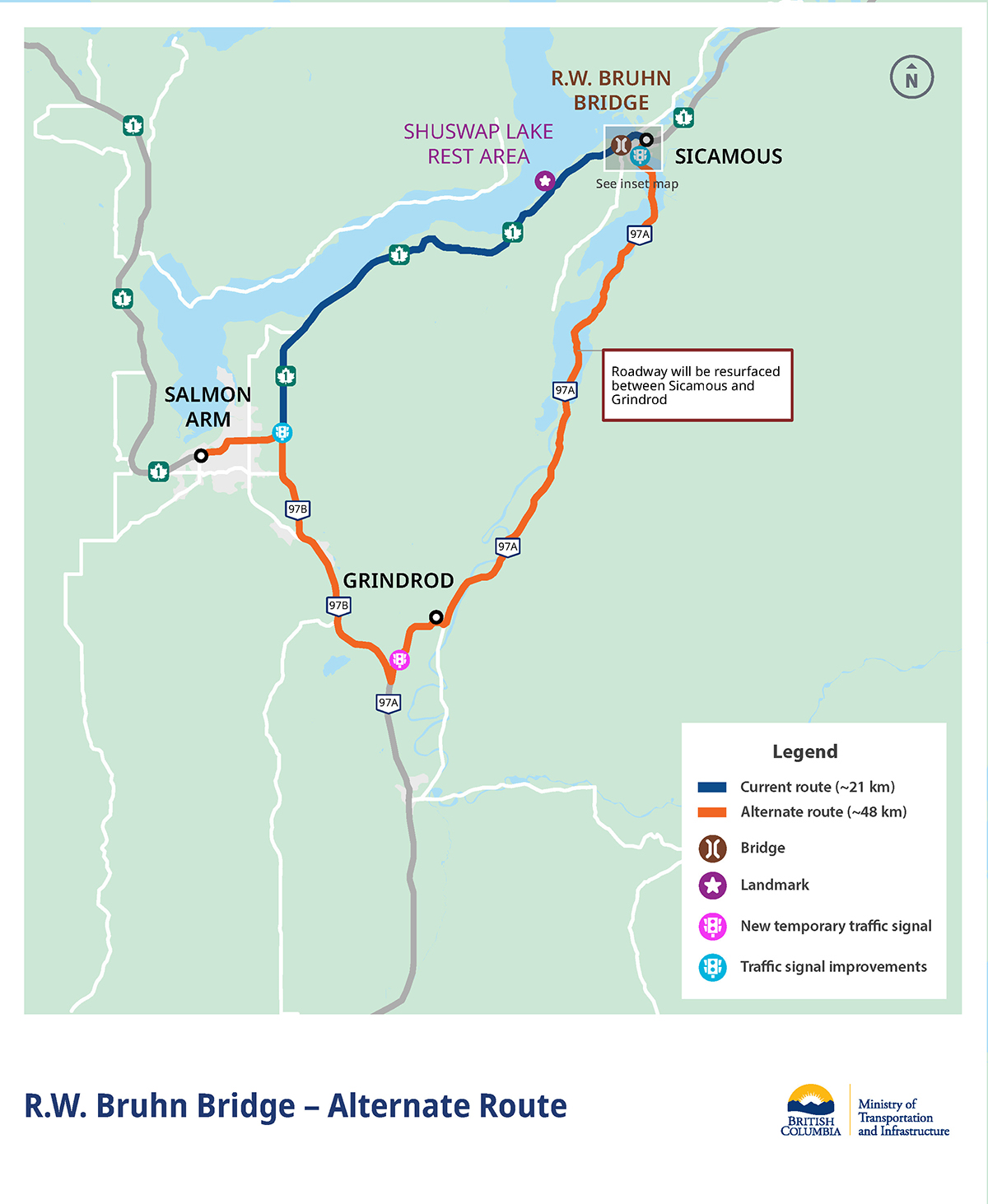 When a closure is in place, all travel between Sicamous and Salmon Arm will use Highway 97A and Highway 97B as an alternate route and Highway 1 will be closed from the eastern limit to the Highway 1 rest area west of Bruhn Bridge.